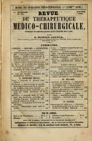 Revue de thérapeutique medico-chirurgicale. 1861,[2] = No. 13/24. - S. 337 - 672