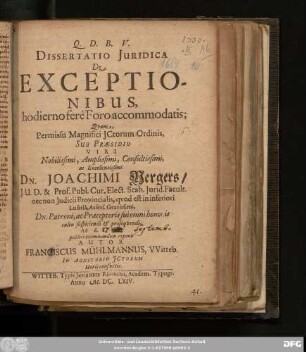 Dissertatio Iuridica De Exceptionibus, hodierno fere Foro accommodatis