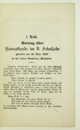 I. Teil. Vortrag über Heimatkunde im II. Schuljahr