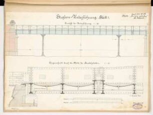 Straßenunterführung Monatskonkurrenz April 1891: Aufriss Seitenansicht 1:50, Längsschnitt (Ausschnitt) 1:10; 2 Maßstabsleisten
