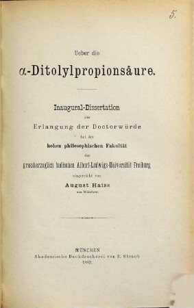 Ueber die ??-Ditolylpropionsäure : Inaug. Diss. der Albert-Ludwigs-Univ. Freiburg