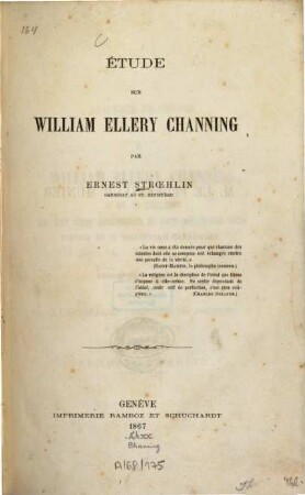 Étude sur William Ellery Channing par Ernest Stroehlin, cand. au St. Ministère