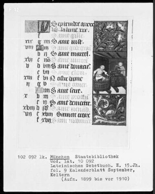 Lateinisches Gebetbuch mit französischem Kalender — Kalenderblatt September mit der Weinkelterei, Folio 9