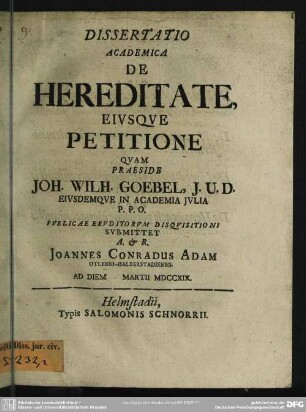Dissertatio Academica De Hereditate, Eiusque Petitione