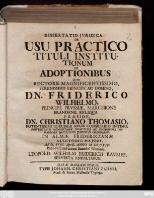 Dissertatio Jvridica De Usu Practico Tituli Institutionum De Adoptionibus