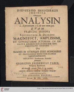 Disputatio Inauguralis Juridica continens Analysin L. Si pecuniam I. C. de non num. pec.