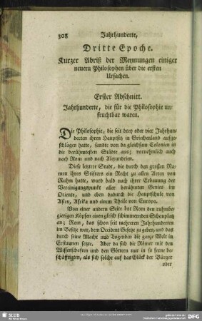 Dritte Epoche. Kurzer Abriß der Meynungen einiger neuern Philosophen über die ersten Ursachen