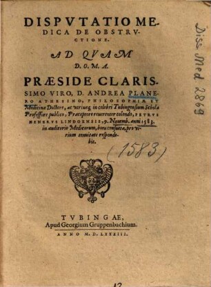 Dispvtatio Medica De Obstrvctione