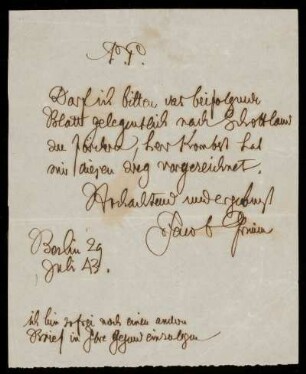 Brief von Jacob Grimm an Unbekannt