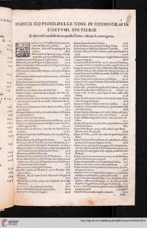 Indice copioso, delle cose di cosmograpia costumi, spetierie [...]