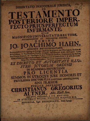 Dissertatio Inauguralis Juridica, De Testamento Posteriore Imperfecto Prius Perfectum Infirmante