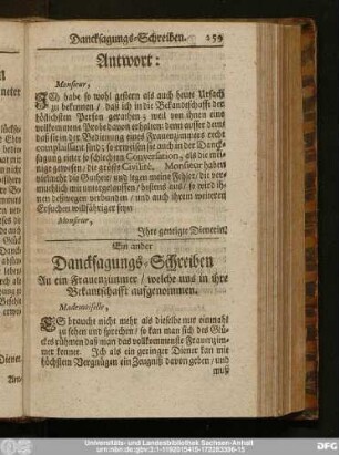 Ein ander Dancksagungs-Schreiben An ein Frauenzimmer, welche uns in ihre Bekantschafft aufgenommen.