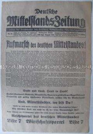 Titelblatt der Wochenzeitung der Wirtschaftspartei "Deutsche Mittelstands-Zeitung" mit dem Aufruf zu einer Wahlveranstaltung des Berliner Mittelstandes