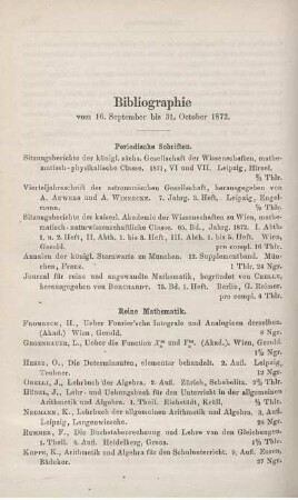 Bibliographie vom 16. September bis 31. October 1872.