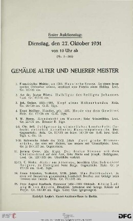 Erster Auktionstag: Dienstag, den 27. Oktober 1931, von 10 Uhr ab (Nr. 1-246)
