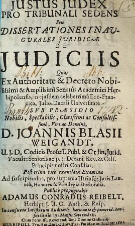 Justus Judex Pro Tribunali Sedens Seu Dissertationes Inaugurales Juridicae De Judiciis