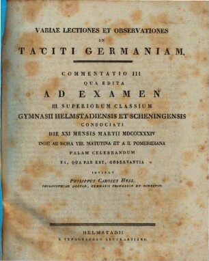 Variae lectiones et observationes in Taciti Germaniam : Commentatio. 3