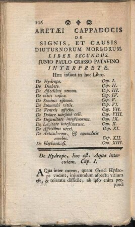 Aretaei Cappadocis De Signis, Et Causis Diuturnorum Morborum. Liber Secundus