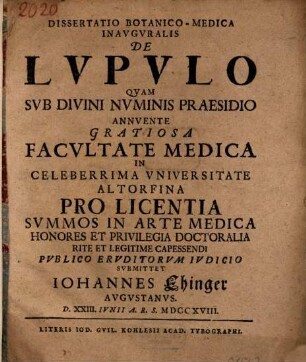 Dissertatio Botanico-Medica Inavgvralis De Lvpvlo