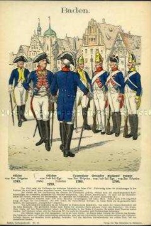 Uniformdarstellung, Offiziere, Unteroffizier, Grenadier, Musketier und Füsilier der Infanterie, Markgrafschaft Baden, 1790/1793.