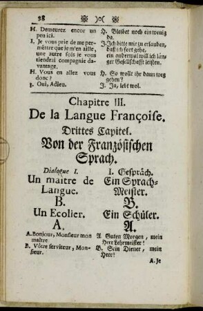 Chapitre III. De la Langue Françoise. = Drittes Capitel. Von der Französischen Sprach.