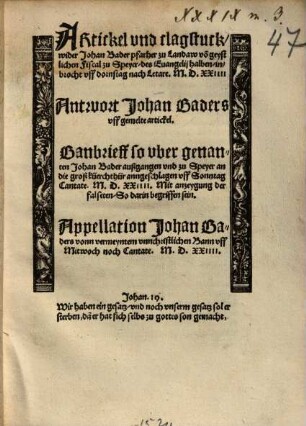 Artickel und clagstuck wider Johan Bader pfarher zu Landaw vo[m] geystlichen Fiscal zu Speyer, das Evangelii halben, inbrocht ...