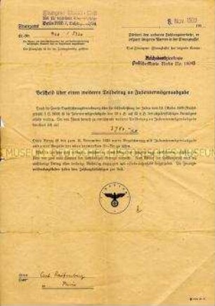 Bescheid des Finanzamtes Berlin-Moabit über die Einziehung der "Judenvermögensabgabe"