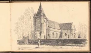 Skizzenbuch 1915: Kirche und Friedhof in Noircourt, perspektivische Ansicht