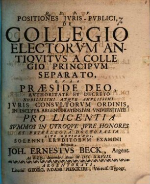 Positiones jvris pvblici de collegio electorvm antiquitvs a collegio principvm separato