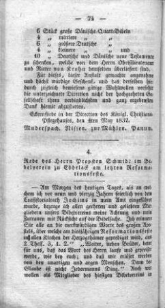 4. Rede des Herrn Propsten Schmidt im Bibelverein zu Eddelack am letzten Reformationsfeste.