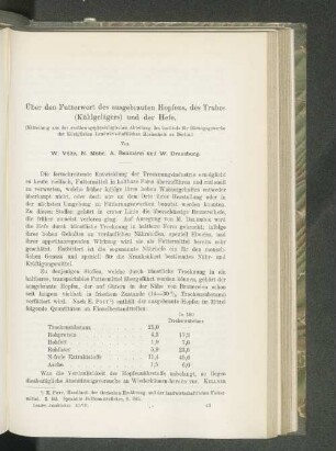 Über den Futterwert des ausgebrauten Hopfens, des Trubes (Kühlgelägers) und der Hefe.