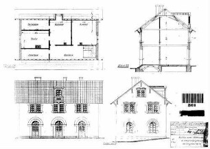 Untergriesheim: Empfangsgebäude Verwaltungsgebäude Grundriß DG,Querschnitt,Ansichten