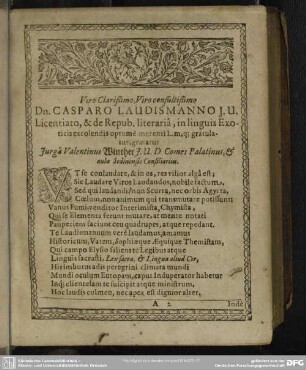 Viro Clarißimo, Viro consultißimo Dn. Casparo Laudismanno J. U. Licentiato, & de Repub. literariâ, in linguis Exoticis excolendis optumè merenti [libens meritoque] gratulatur, gratatur ...
