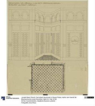 Darmstadt, Musiksaal im Neuen Palais, Aufriss der Wände der Brunnennische sowie Grundriss