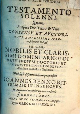 Disputatio Iuridica De Testamento Solenni