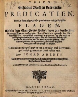 Thien Schoone Geest en Leer-rijcke Predicatien, Van de thien Egyptische grouwsame en schrickelijcke Plagen, ...