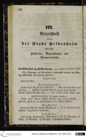 III. Verzeichniß der in der Stadt Hildesheim befindlichen Behörden, Deputationen und Corporationen.