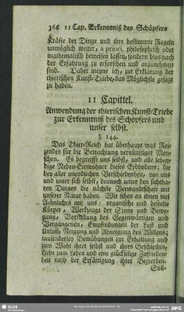 11 Capittel. Anwendung der thierischen Kunst-Triebe zur Erkenntniß des Schöpfers und unser selbst