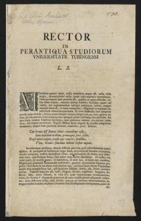 Rector In Perantiqua Studiorum Vniuersitate Tubingensi, L. S.