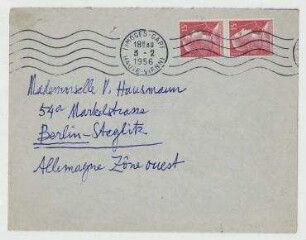 Briefumschlag von Raoul Hausmann an Vera Hausmann. [Poststempel: Limoges]
