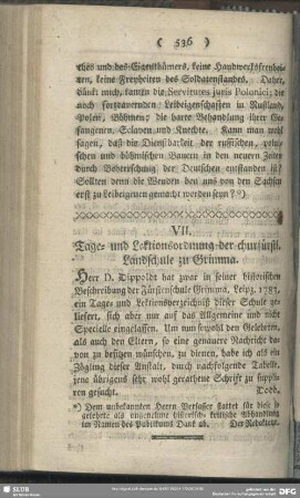 VII. Tage- und Lektionsordnung der churfürstl. Landschule zu Grimma