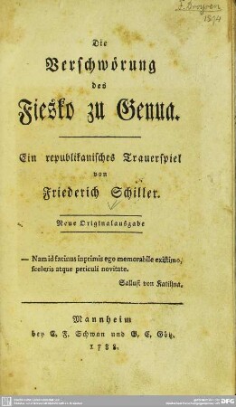 Die Verschwörung des Fiesko zu Genua : Ein republikanisches Trauerspiel