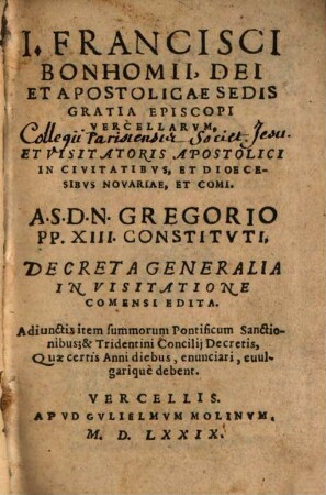 Decreta generalia in visitatione Comensi edita