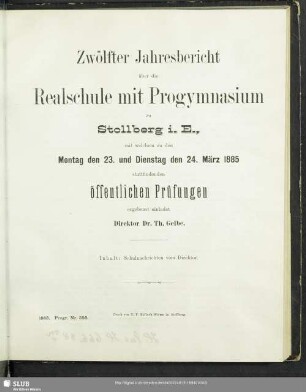 12.1884/85: Jahresbericht der Realschule mit Progymnasium zu Stollberg i. Erzgeb. : über das Schuljahr ...