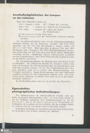 Eigenschaften photographischer Aufnahmelampen