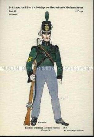 Uniformdarstellung, Korporal des Leichten Bataillons Bremen-Verden, Königreich Hannover, 1813.