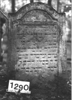 Grabstein 1290 (Index: 99900139) Material: Sandstein Zustand: stark verwittert Maße HxBxT: 98x62x12 cm Beschreibung: Stele mit Konvexbogenabschluss Besonderheit: vermutete Identifizierung nach Gräberverzeichnis: Grabstein 1290