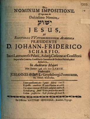 De nominum impositione, et inprimis de dulcissimo nomine Yēšûaʿ Jesus