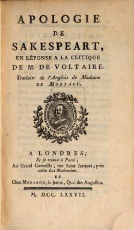 Apologie de Shakspeare, en réponse à la critique de M. de Voltaire