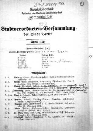 1926: Stadtverordnetenversammlung der Stadt Berlin